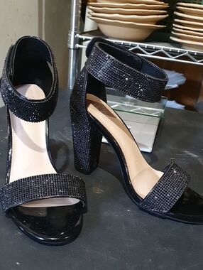 Black Crystal Ankle-Strap Block Heel Sandals